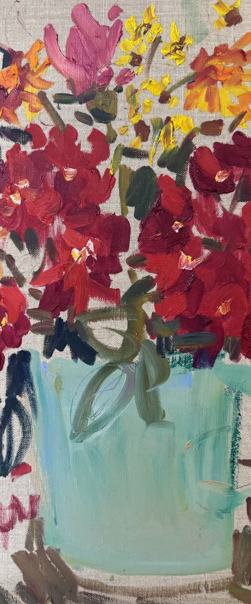 Flowers in a torquoise cup by Lilia Orlova-Holmes