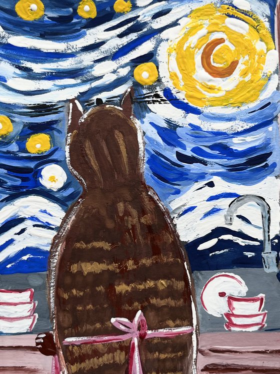 Cat original painting  " Watching the starry night"