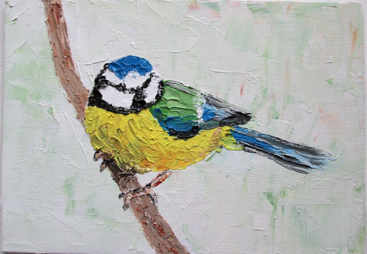 Blue Tit Bird, Garden Bird, Oil with palette knife by MARJANSART