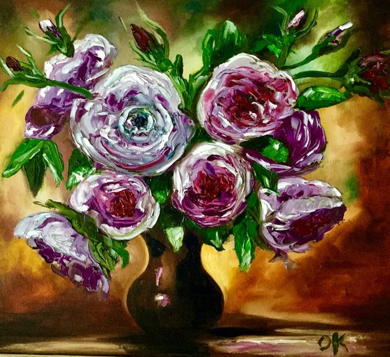 BOUQUET OF PURPLE ROSES palette knife modern red pink purple  still life  flowers Dutch style office home decor gift