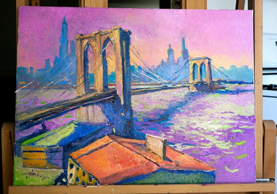 Brooklyn Bridge in New York, Evening in Pink