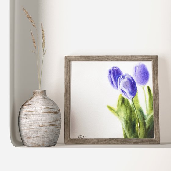 Purple tulips. Minimalistic still life with flowers nature green decor white bouquet wall watercolor small painting original bright gift