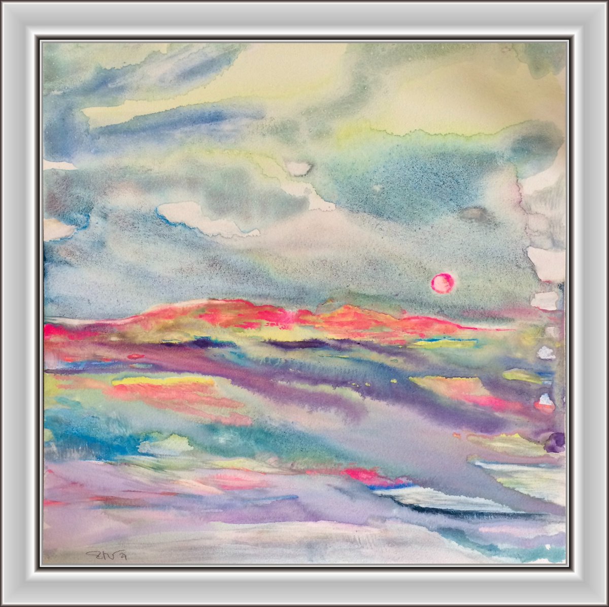Pink Moon Rising - Landscape Seascape Watercolor by Gesa Reuter
