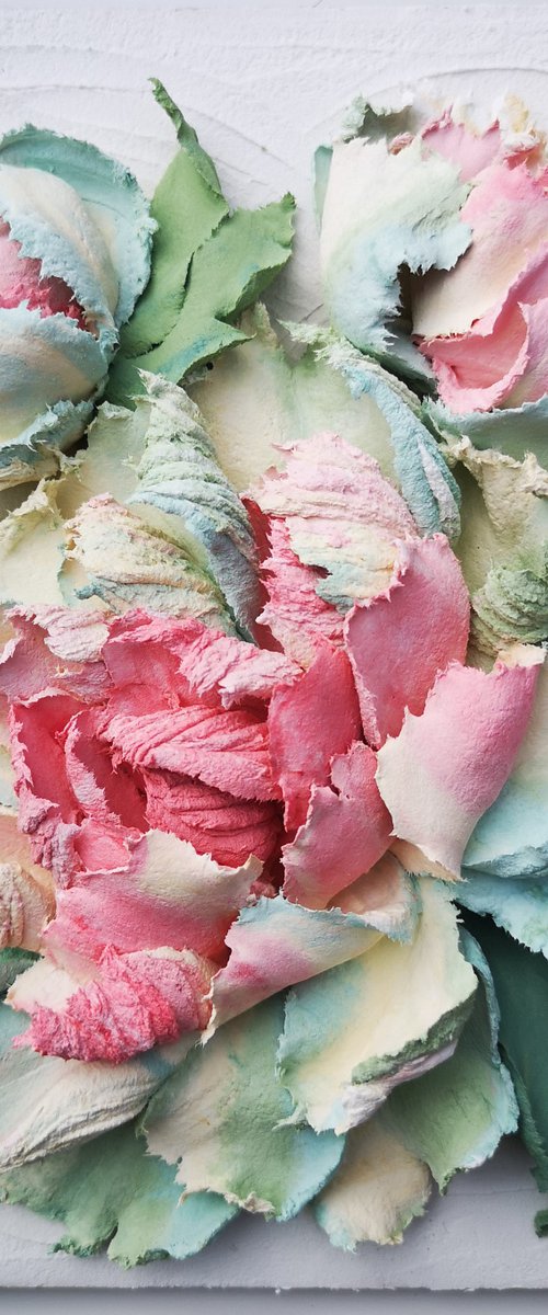 Peonies garden - 3d relief painting -Love is beautiful flowers - 2, 20x20x4 cm by Irina Stepanova