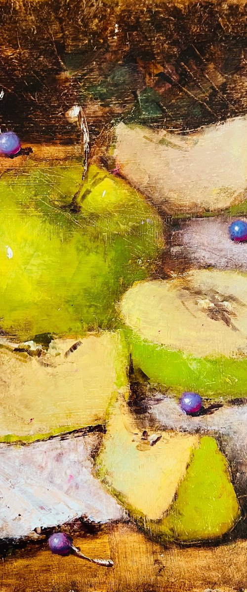 Green apples on dark by Yulia Odukalets