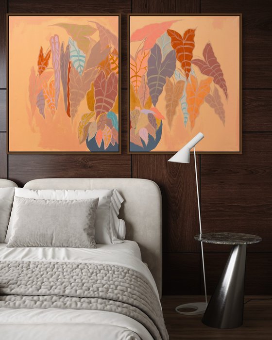 ‘Burnt Coral Alocasia and Begonia’ diptych