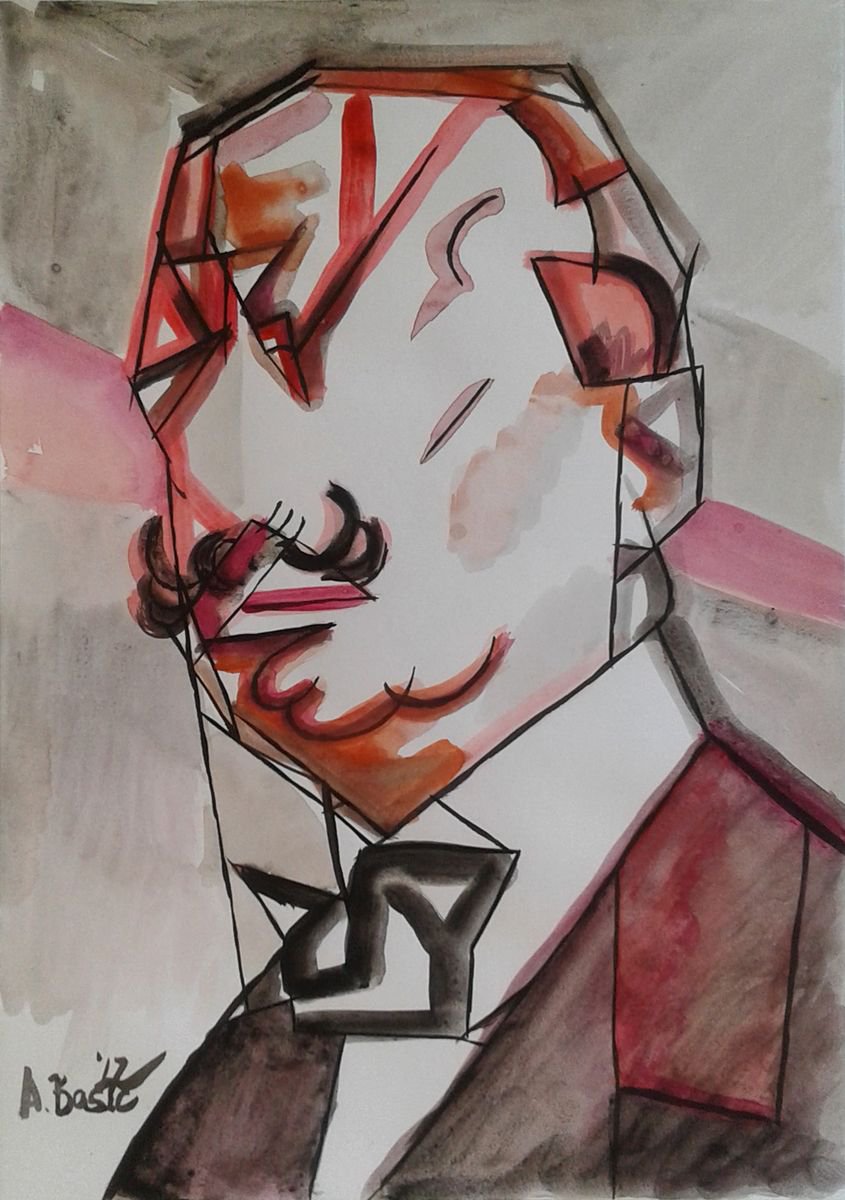 Geometric Portrait Painting By Aleksandar Basic, 12 X 17, Filippo Tommaso Emilio Marinetti, Original Artwork