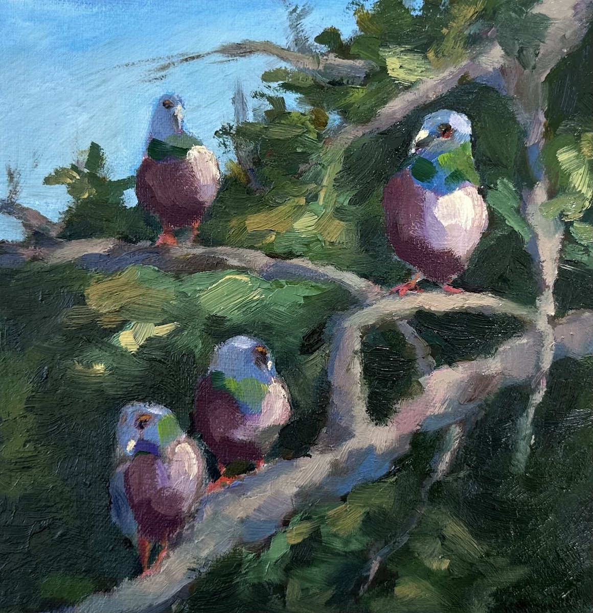 Impressionistic Animal Oil Painting By Grace Diehl, 6 X 6, Feathered Friends, Original Artwork