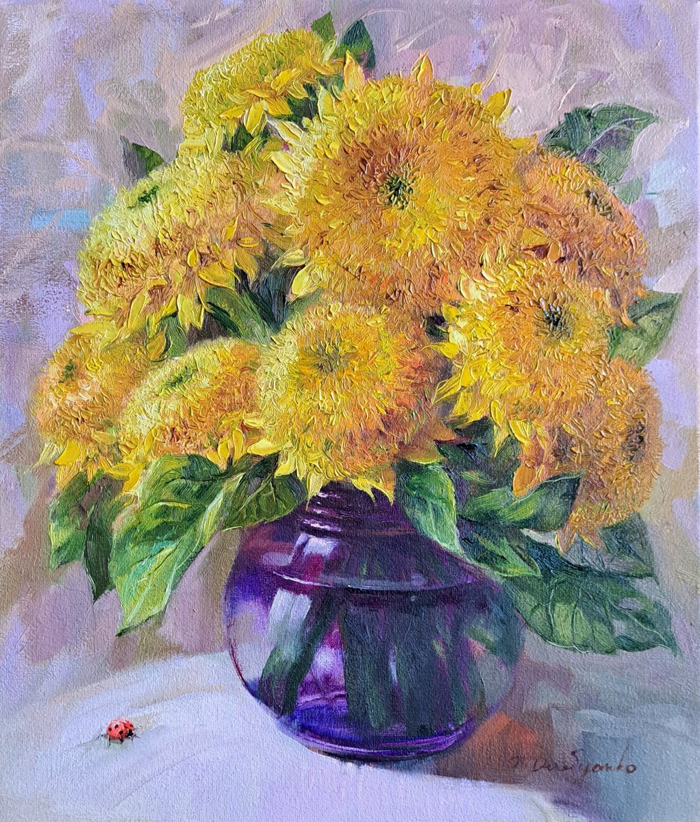 Impressionistic Botanical Oil Painting By Nataly Derevyanko, 12 X 14", Sunflowers In Glass Vise, Original Artwork