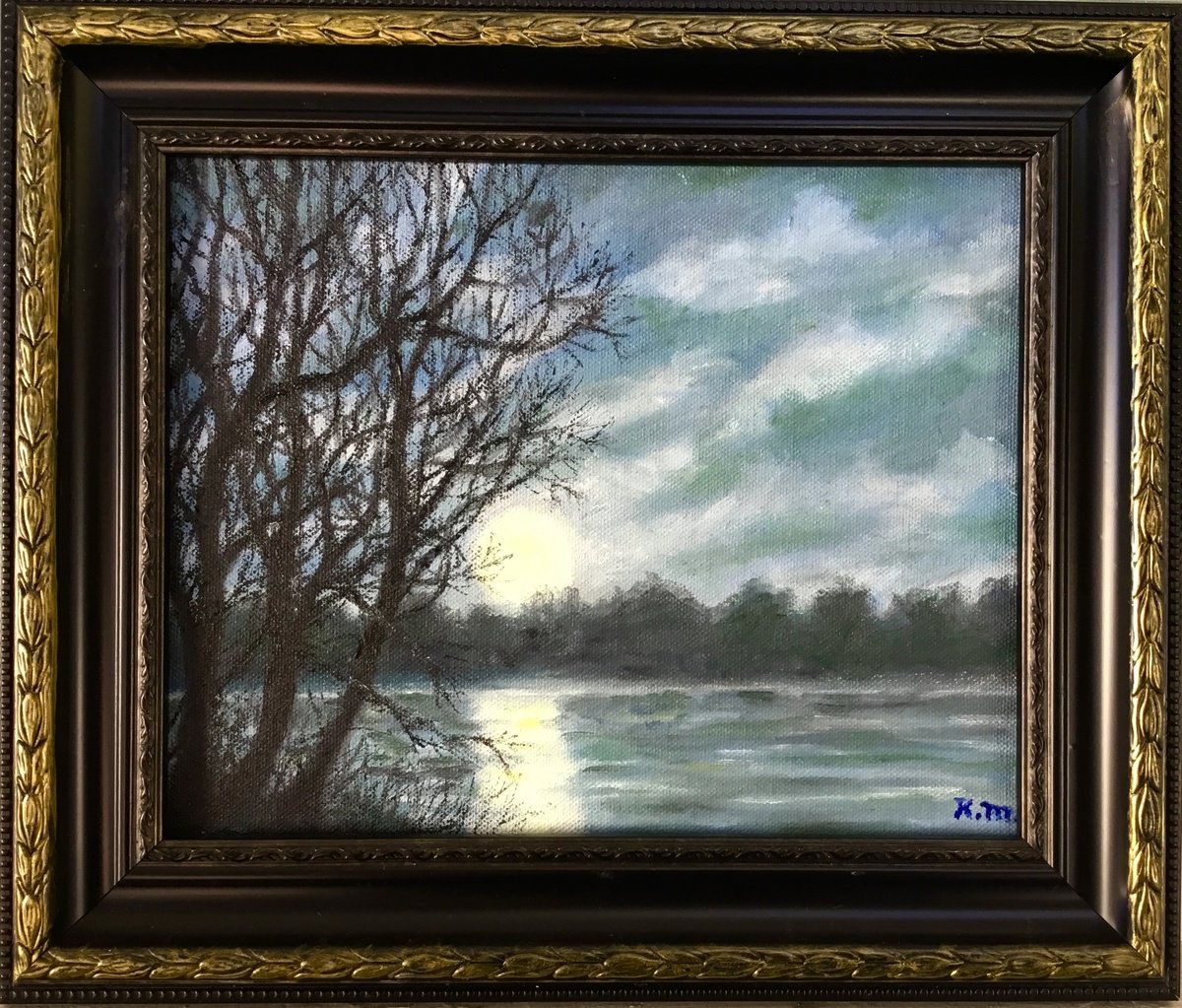 Impressionistic Landscape Oil Painting By Kathleen Mcdermott, 13 X 11", Full Moon Across The River, Original Artwork