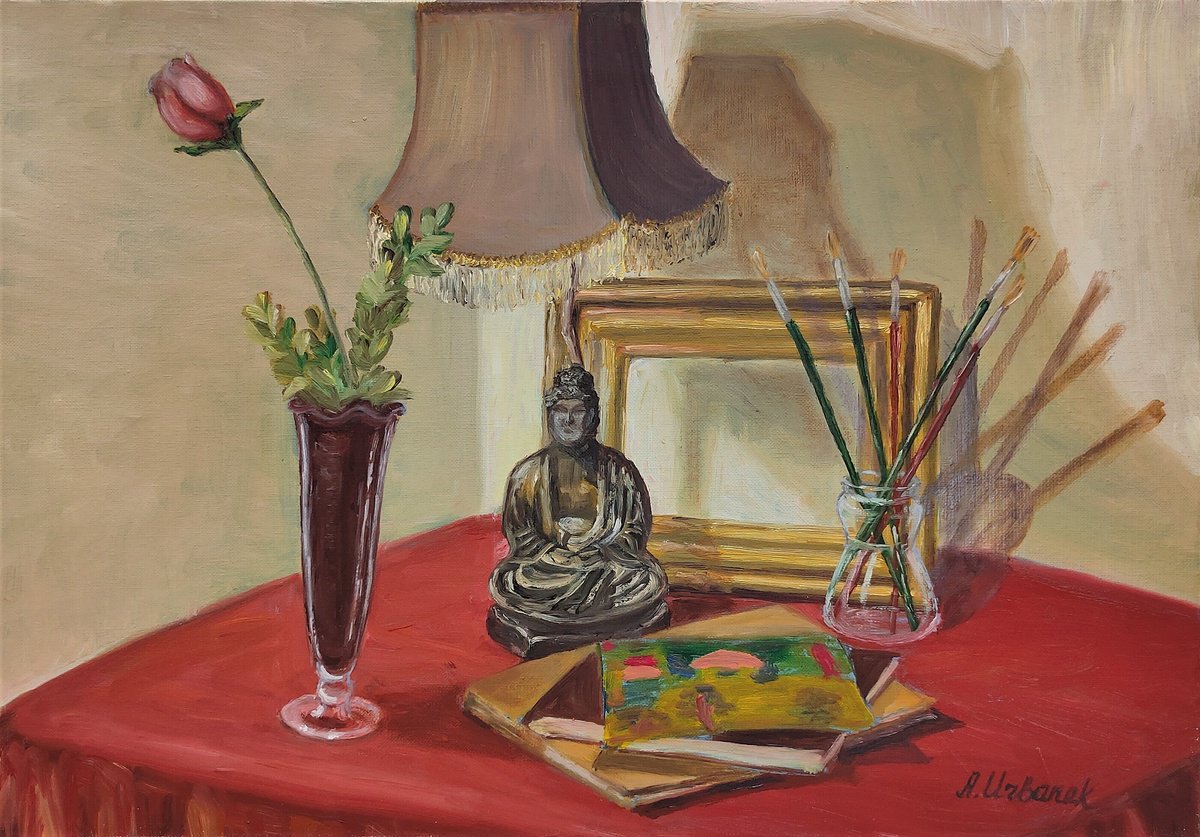 Impressionistic Still Life Oil Painting By Albina Urbanek, 22 X 15, Still Life With The Buddha, Original Artwork