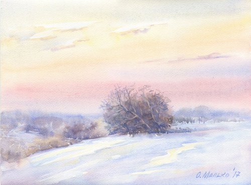 Winter Evening sky / ORIGINAL watercolor 14x11in (38x28cm) by Olha Malko