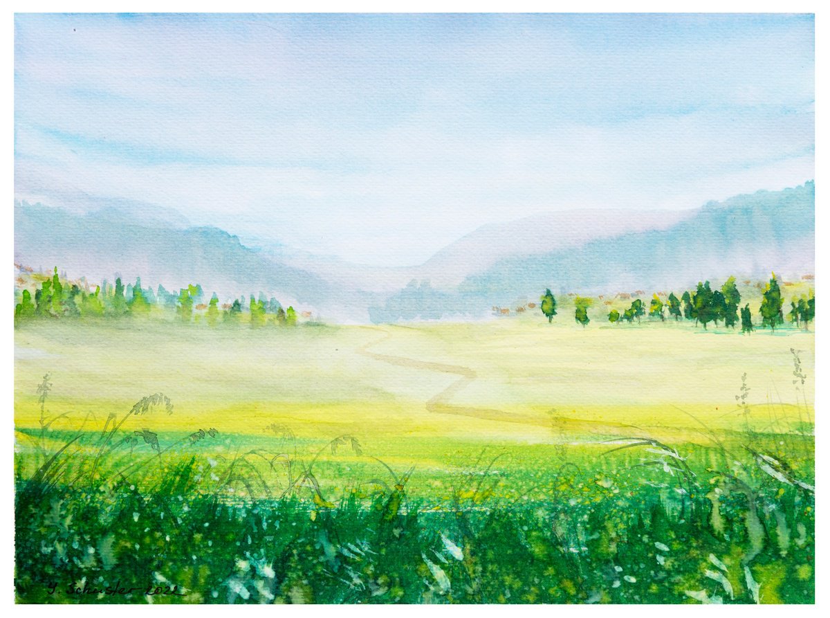 Impressionistic Landscape Watercolour By Yulia Schuster, 12 X 9", Silence, Original Artwork