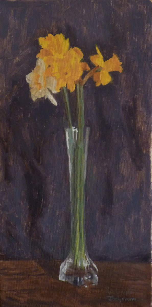 Impressionistic Botanical Oil Painting By Radosveta Zhelyazkova, 9 X 18", A Bouquet Of Daffodils, Original Artwork