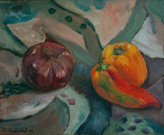 Still life with onion and peppers