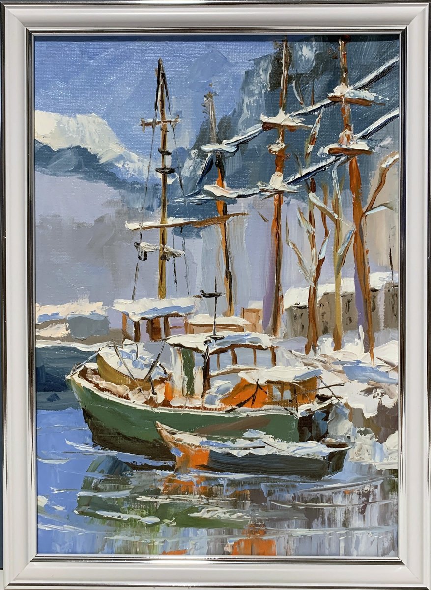 Impressionistic Landscape Oil Painting By Vita Schagen, 9 X 13", Winter Harbor With Yachts., Original Artwork