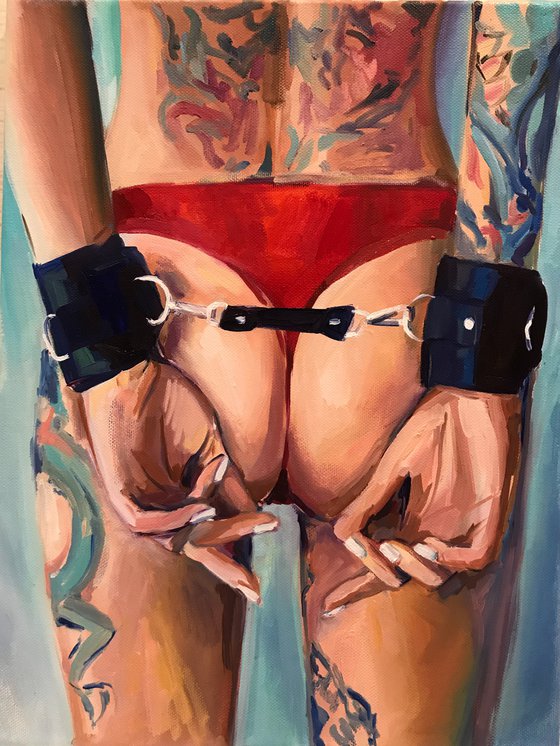 FREEDOM - original oil painting, pop art, nude, handcuffs, wallart, decor, home decor, gift idea