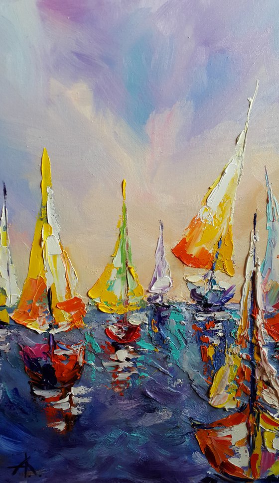 Yacht Club - yacht, oil painting, seascape, sea with yachts, landscape, yacht original painting, gift, impressionism, palette knife