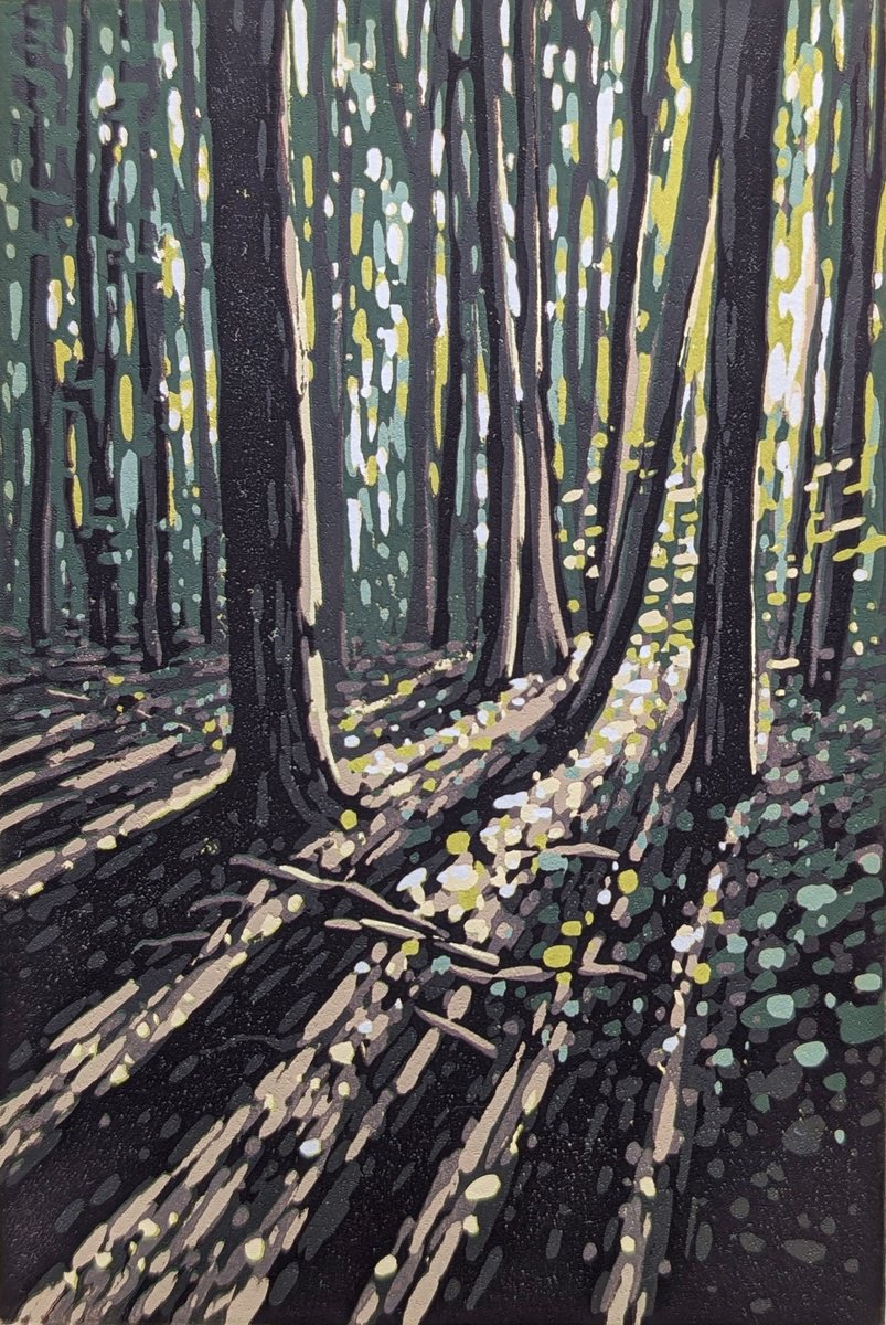 Impressionistic Linocut , Summer Woodland Sun By Alexandra Buckle, 6 X 8, Artwork For Sale On Artfinder