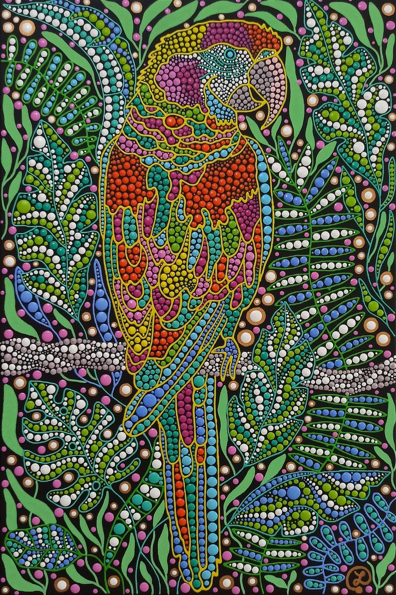 Expressive Animal Acrylic Painting By Oxana Lazari, 16 X 24", Parrot, Original Artwork