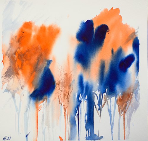 Abstract forest view. Small natural landscape watercolor, blue and orange by Sasha Romm