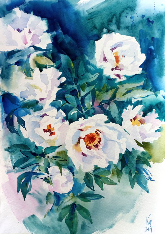 "Blooming white peonies in the evening" original botany watercolor artwork