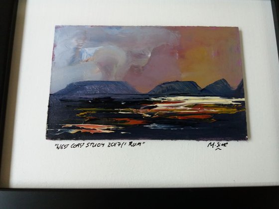 West Coast Study- 2017/1 View to Rum- Scottish Isles - Small Framed Oil Painting 14 x 9.7cm (5.5 x 3.81 Inches)