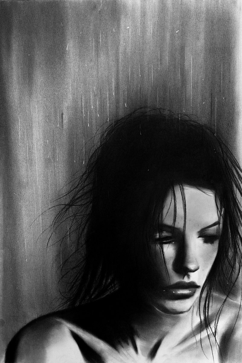 Photorealistic Portrait Charcoal Drawing By Denny Stoekenbroek, 17 X 25, When The Rain Fell Silent, Original Artwork