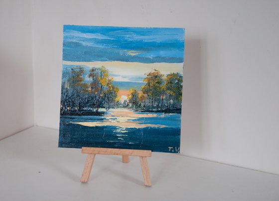 River landscape. Oil painting. Original Art. 6 x 6 in.