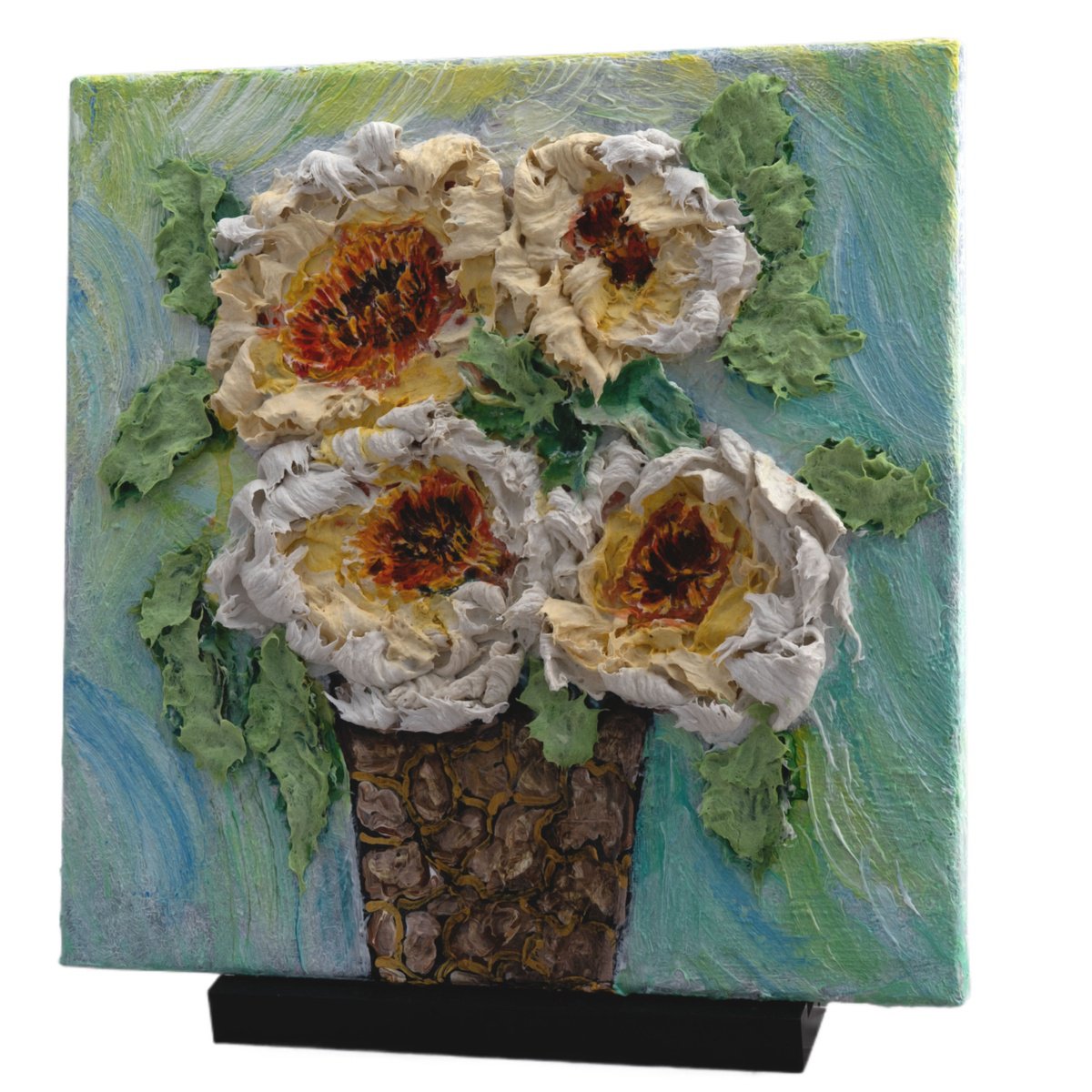 Graphic Botanical Oil Painting By Lena Owens, 12 X 12", Golden Floral Relief 3D, Original Artwork