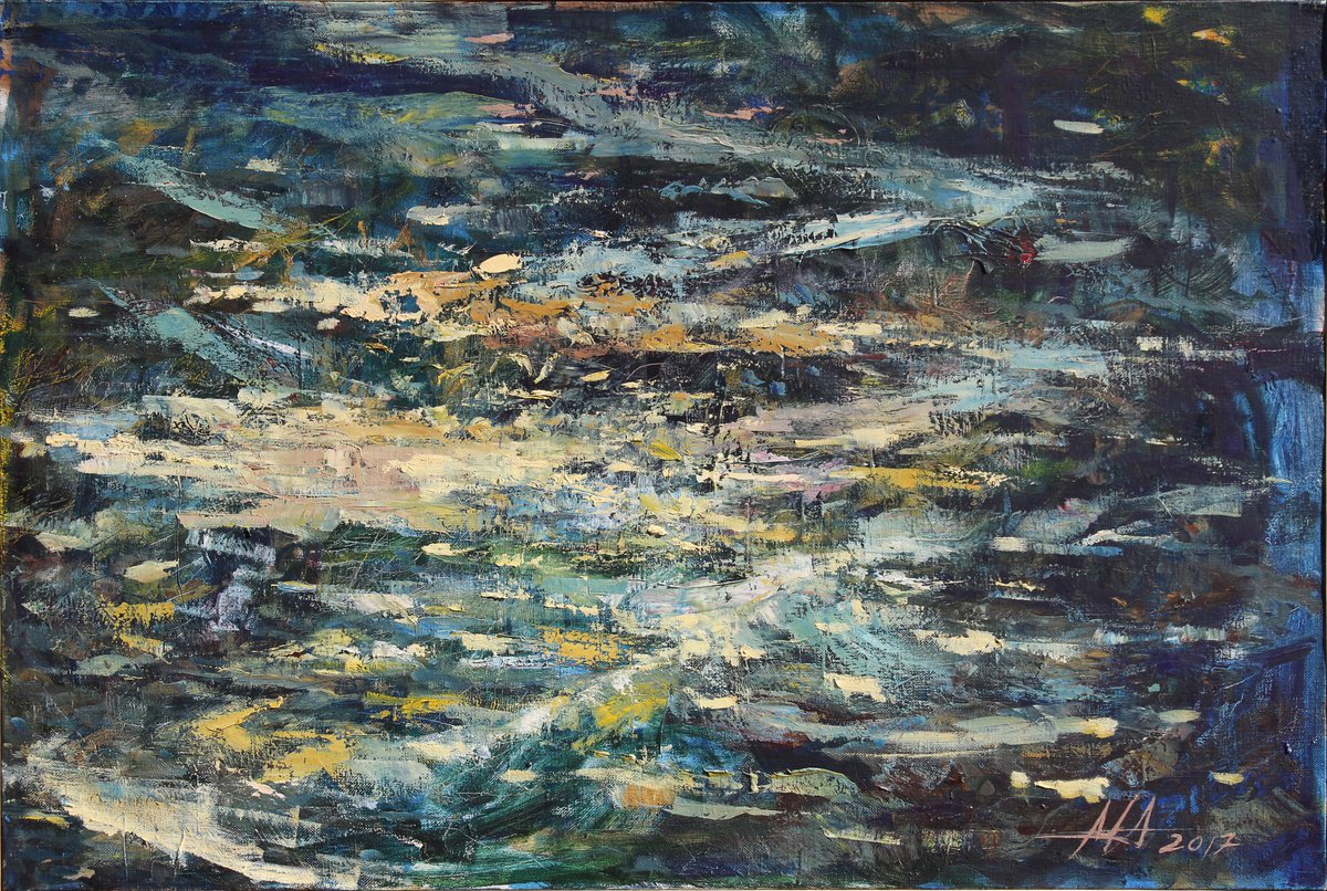 Expressive Landscape Acrylic Painting By Anatoliy Menkiv, 53 X 35, Small River, Original Artwork