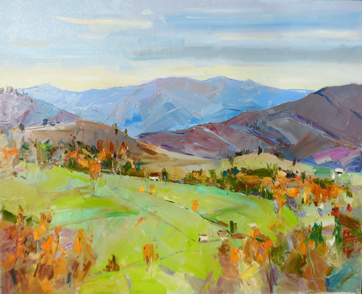 Impressionistic Landscape Oil Painting By Yehor Dulin, 31 X 26", "Ukrainian Mountains", Original Artwork