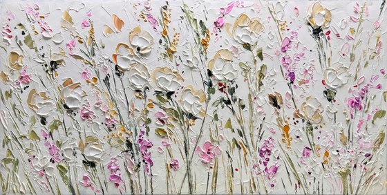 White Roses - 3D Textured Flower Painting Abstract Beige White Pink Purple Flower Painting Decor Living Room Decor Texture Acrylic Painting