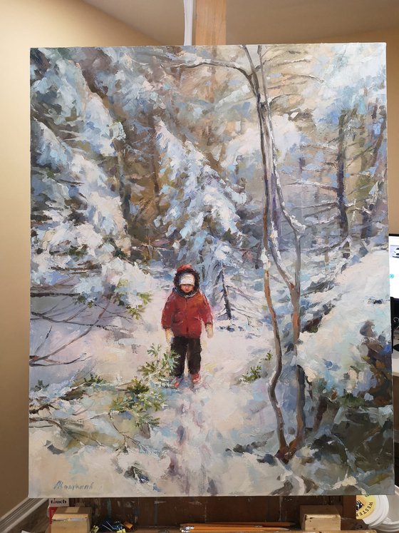 "Alice in Winterland", original,one of a kind, oil on canvas painting from the "Childhood series"(24x30x1,5")