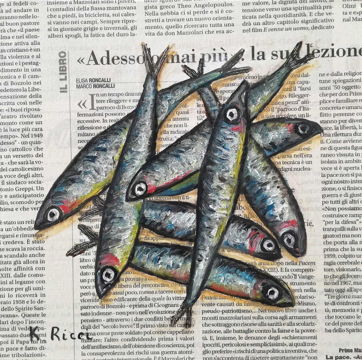 Mixed Anchovies on Newspaper Original Oil on Canvas Board Painting 8 by 8 inches (20x20... by Katia Ricci