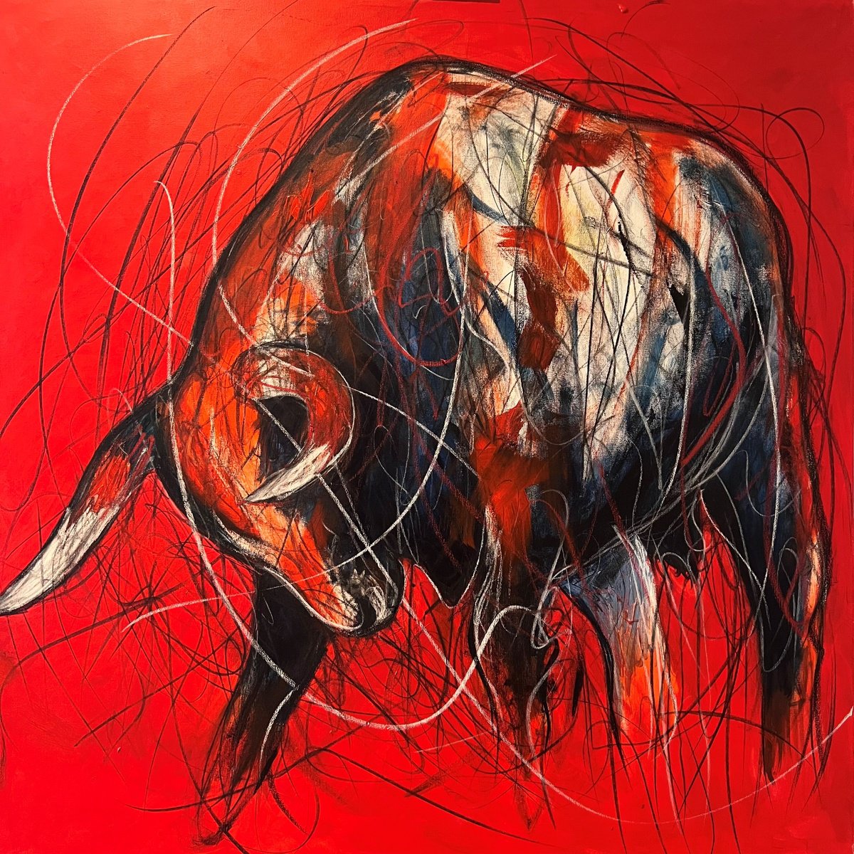 Impressionistic Animal Acrylic Painting By Shabs Beigh, 36 X 36", Inferno (Infierno), Original Artwork