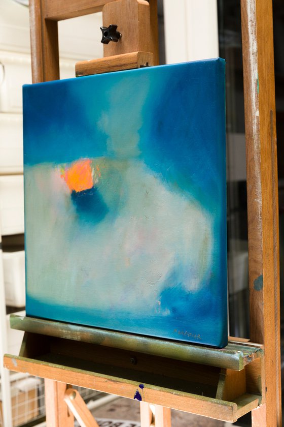 The orange on the blue table - still life abstract - oil painting
