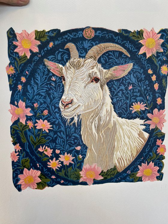 Goat – reduction linocut print