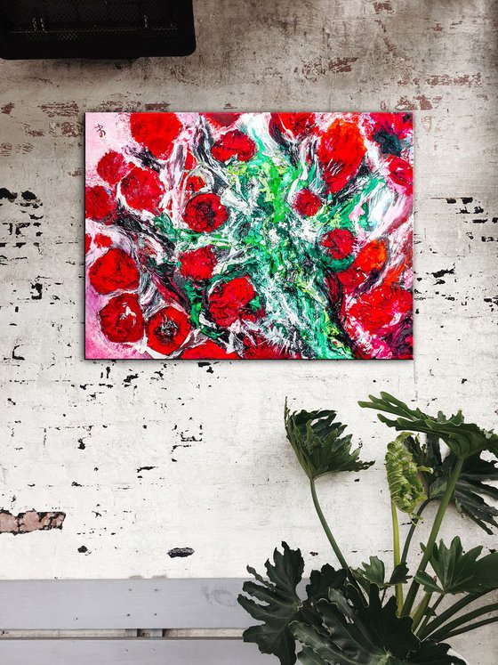 "Indian Roses". Original Semi-Abstract Painting. Signed, Handmade Artwork.