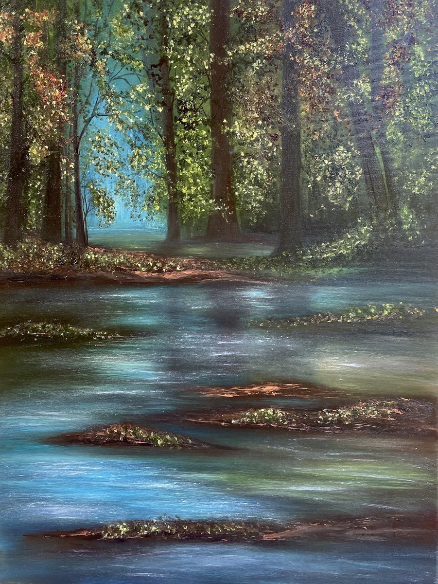 Impressionistic Landscape Oil Painting By Tanja Frost, 24 X 31", After Rain In The Forest, Original Artwork