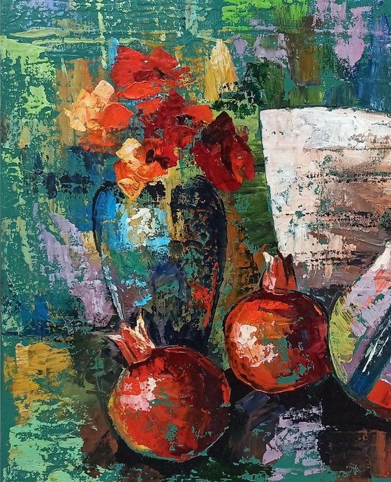 Still life  - flowers,  pomegranates and violin