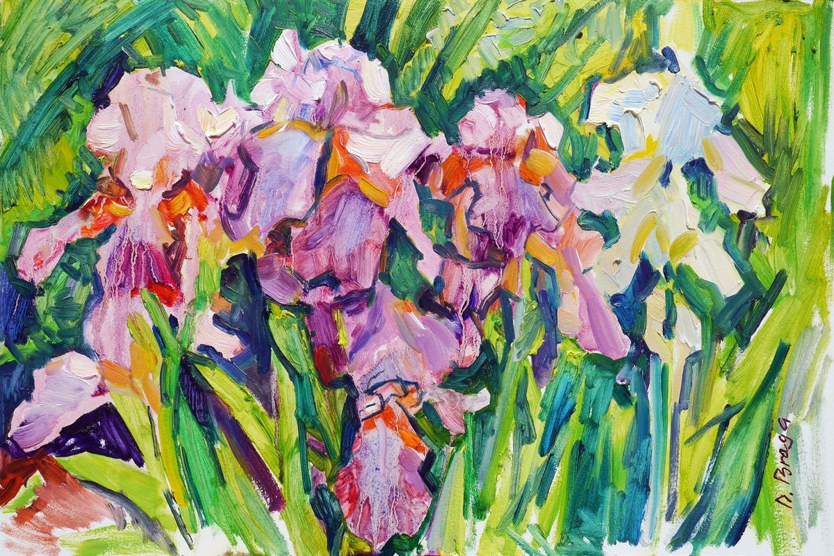 Impressionistic Botanical Oil Painting By Dima Braga, 24 X 16, Violet Irises (Plein Air), Original Artwork