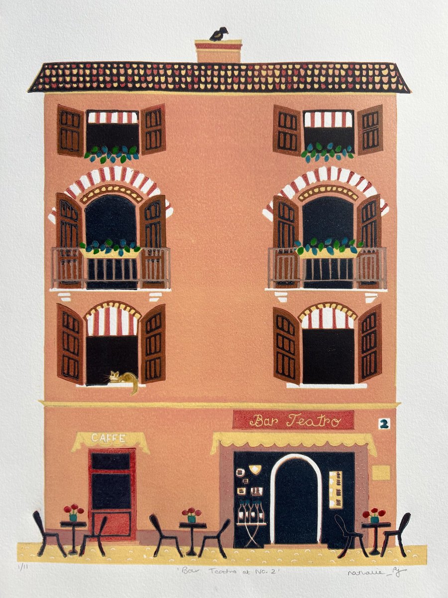 Illustrative Cityscapes Linocut By Nathalie Pymm Art, 12 X 15", Bar Teatro At No. 2, Original Artwork