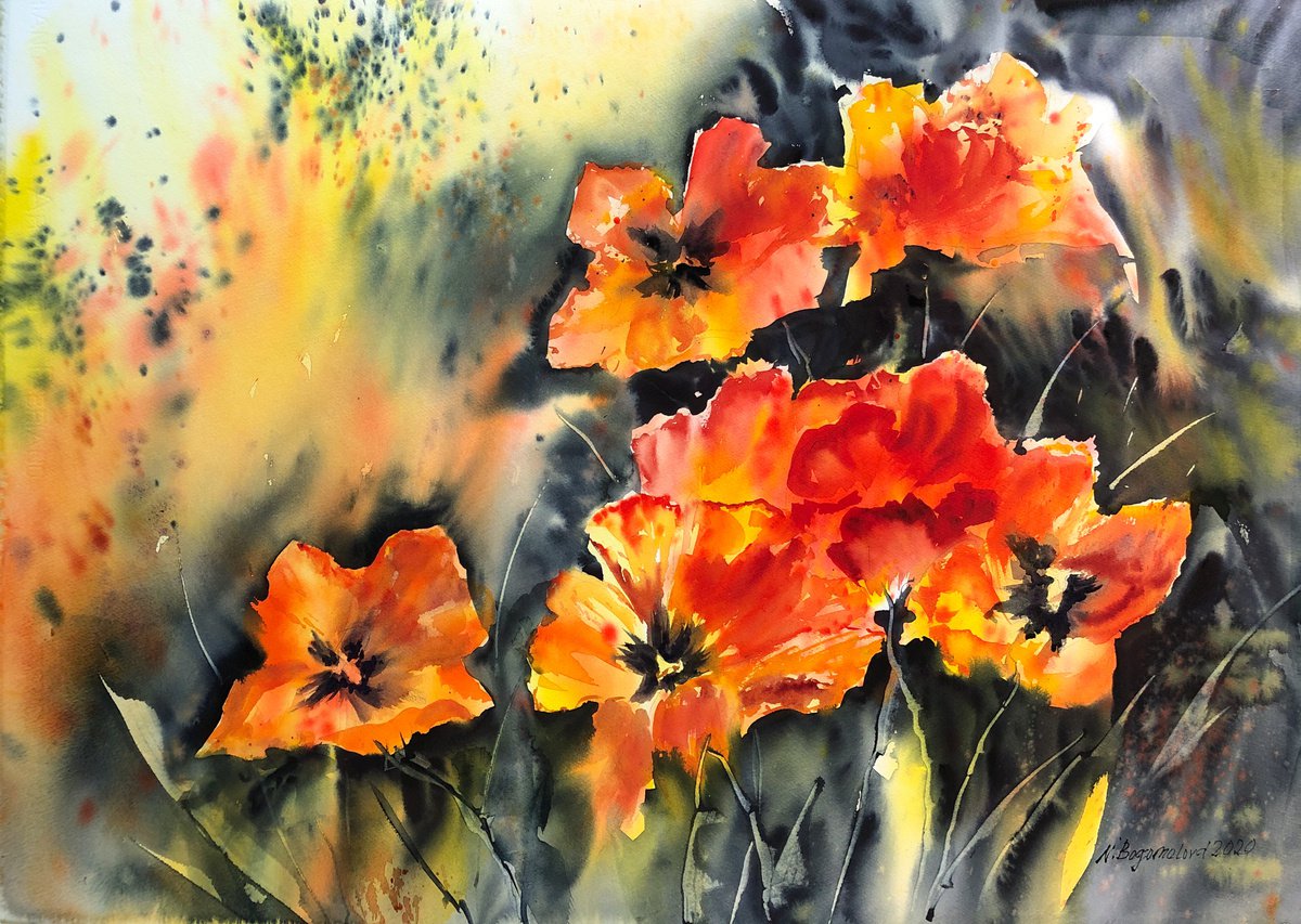 Red tulips bloom. Expressive floral painting by Nadezhda Bogomolova