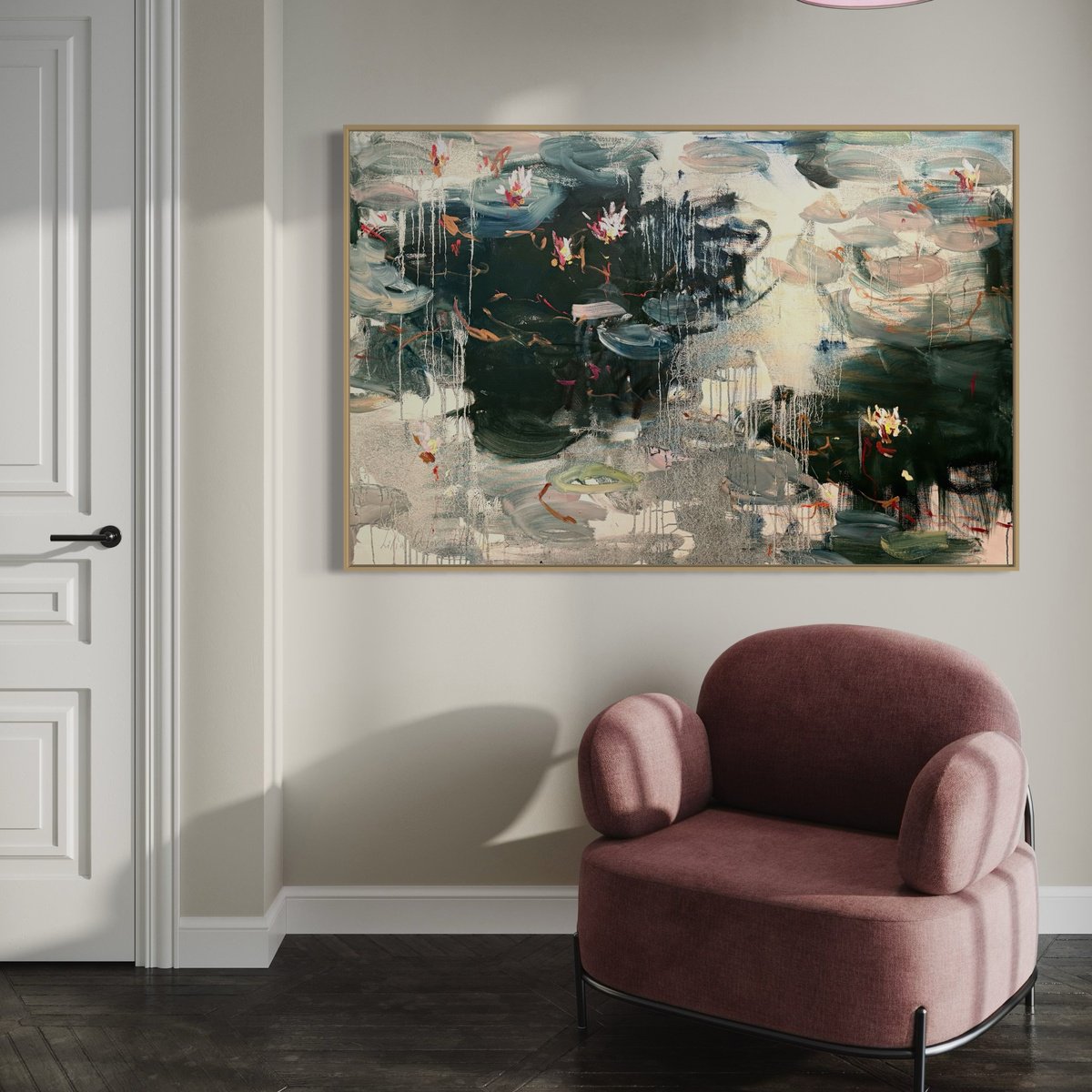 Expressive Landscape Oil Painting By Lilia Orlova-Holmes, 59 X 39", An Old Pond. Water Lilies, Original Artwork