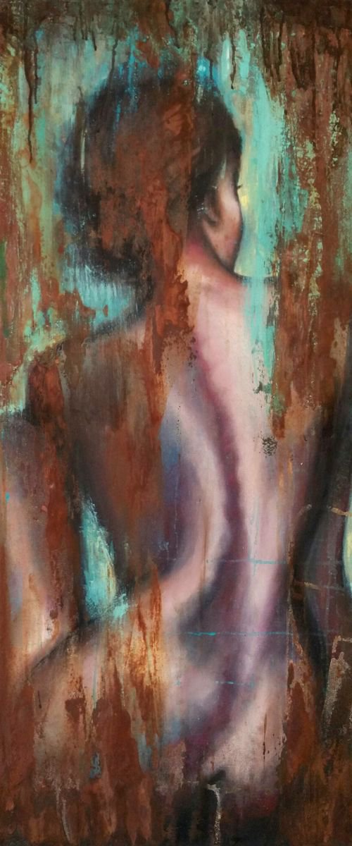 "Rusty beauty I" 80x120x2cm. Original mixed media  large painting on fabric,ready to hang by Elena Kraft