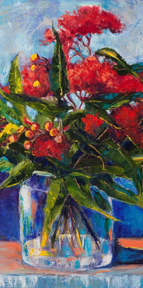 Red Flowers in a Glass Vase by Liudmila Pisliakova