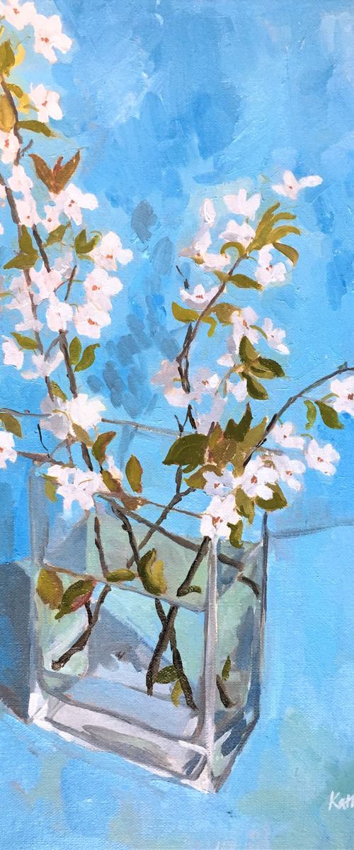 Apple blossom on pale blue ground by Katharine Rowe