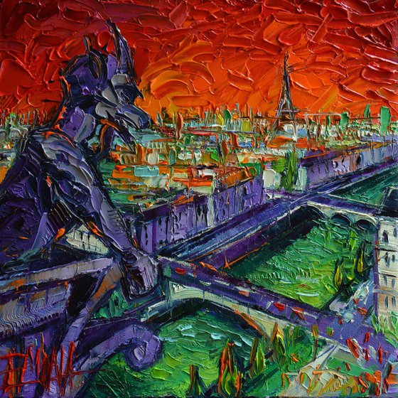 PARIS GARGOYLE CONTEMPLATION 20x20cm original oil painting, handmade by Mona Edulesco