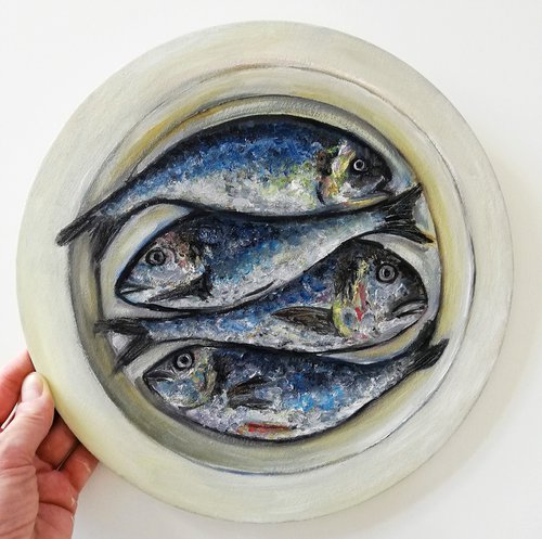 "Four Fishes in a Plate" Original Oil on Round Canvas Board Painting 12 by 12 inches (30x30 cm) by Katia Ricci